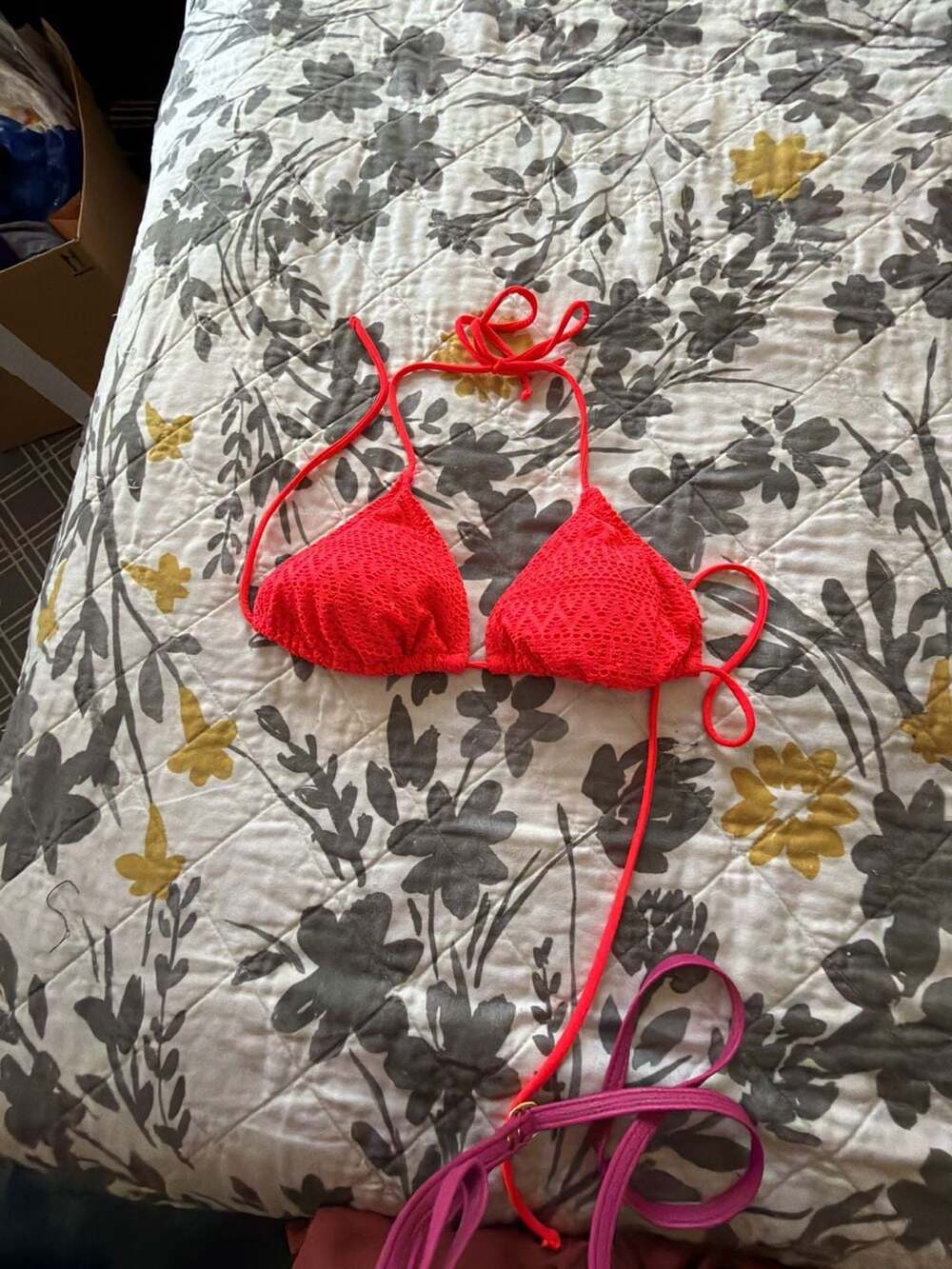 No Boundaries Glow Orange Crochet Triangle String Bikini Top Size M